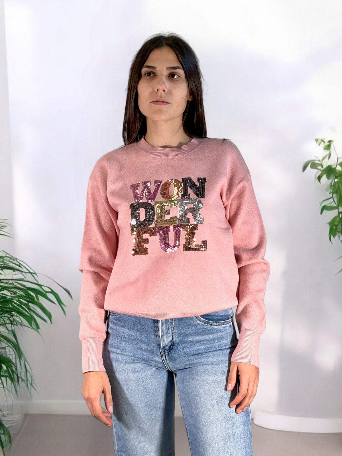 Maglione girocollo scritta paiette HELGA