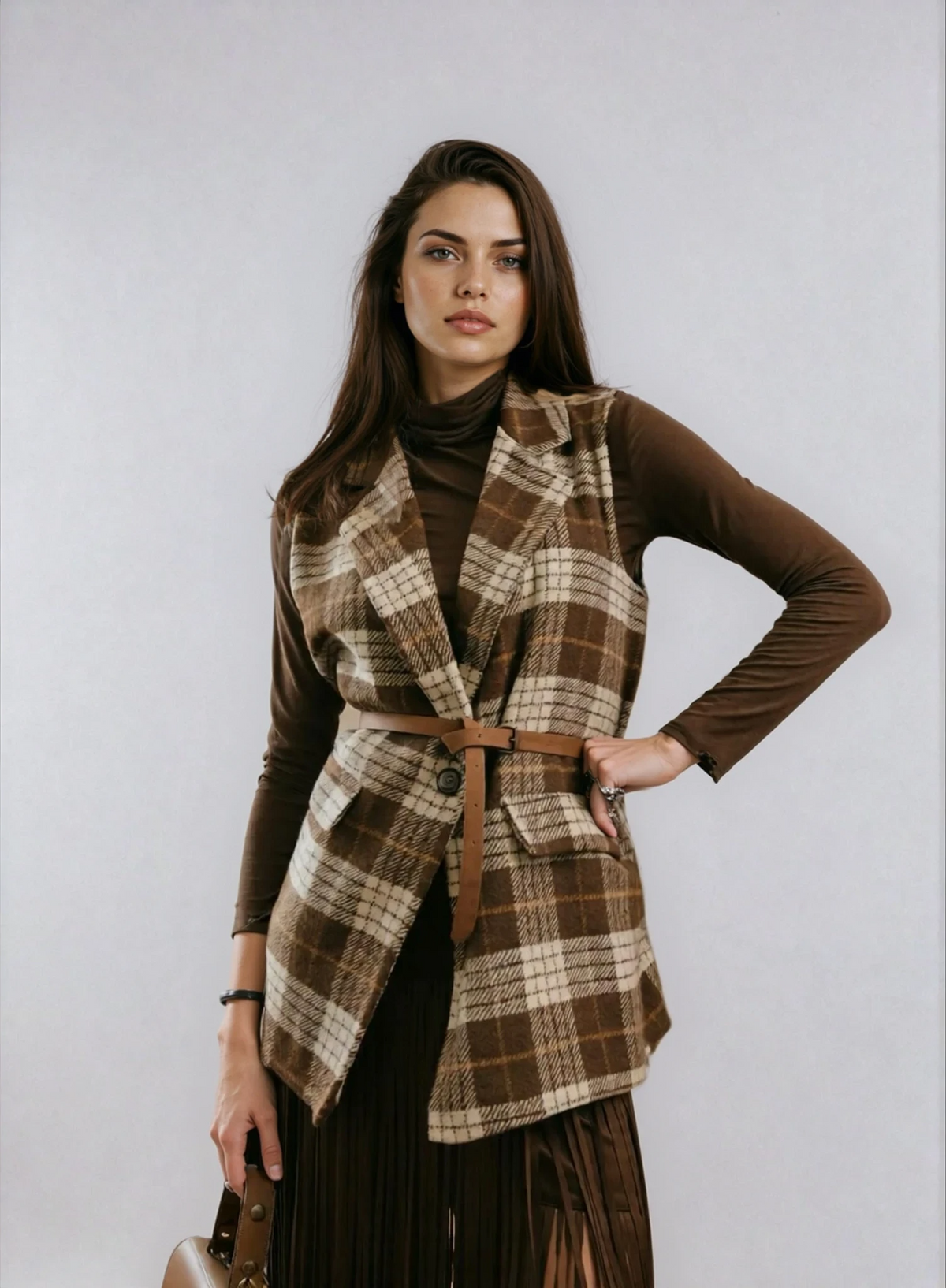 GILET SMANICATO QUADRI FRANGE MARRONE BEIGE